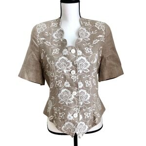 Vintage 90s Short Sleeve Linen Jacket Blouse‎ w/ White Floral Detail Breeches 12